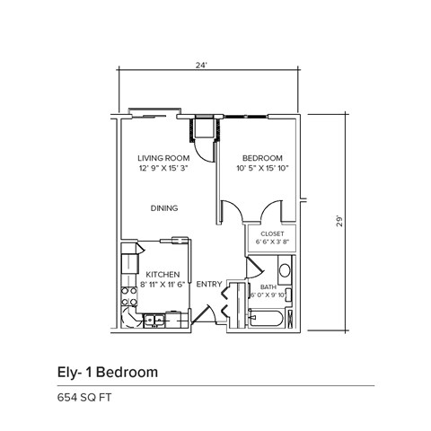 Floor plan for 1 bed, 1 bath, 654 sqft